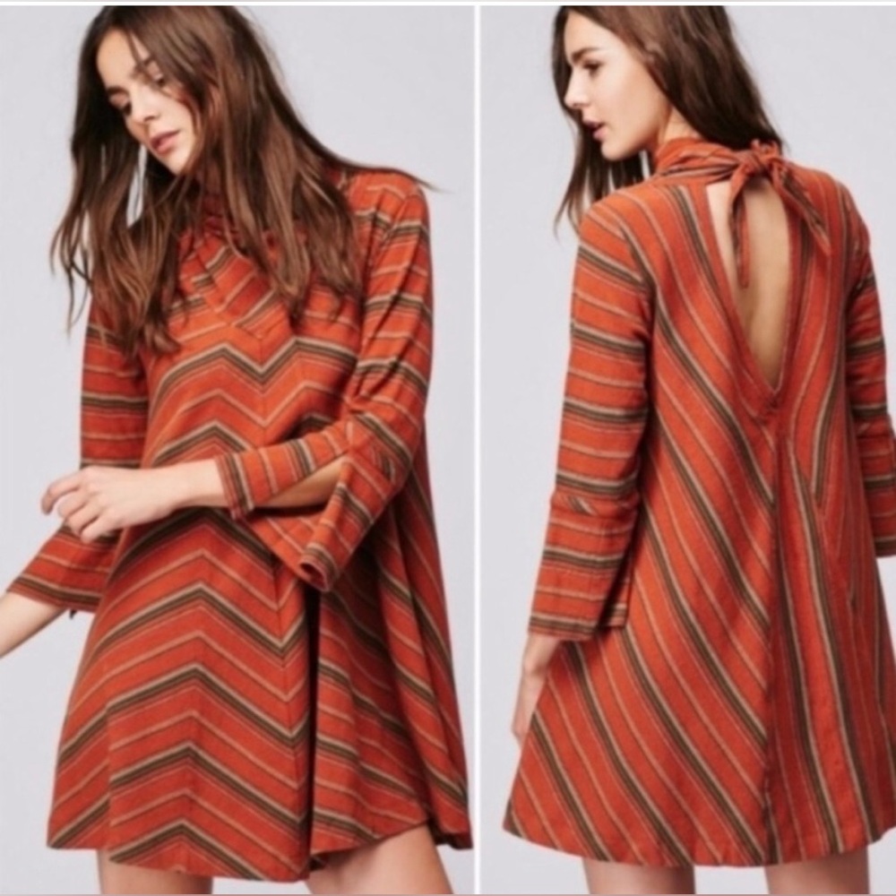 Free People Rusty Orange with Striped Backless V-shaped Dress